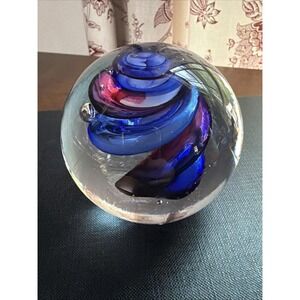 New Adam Jablonski Blue Pink Spiral Art Glass Paperweight Poland Signed